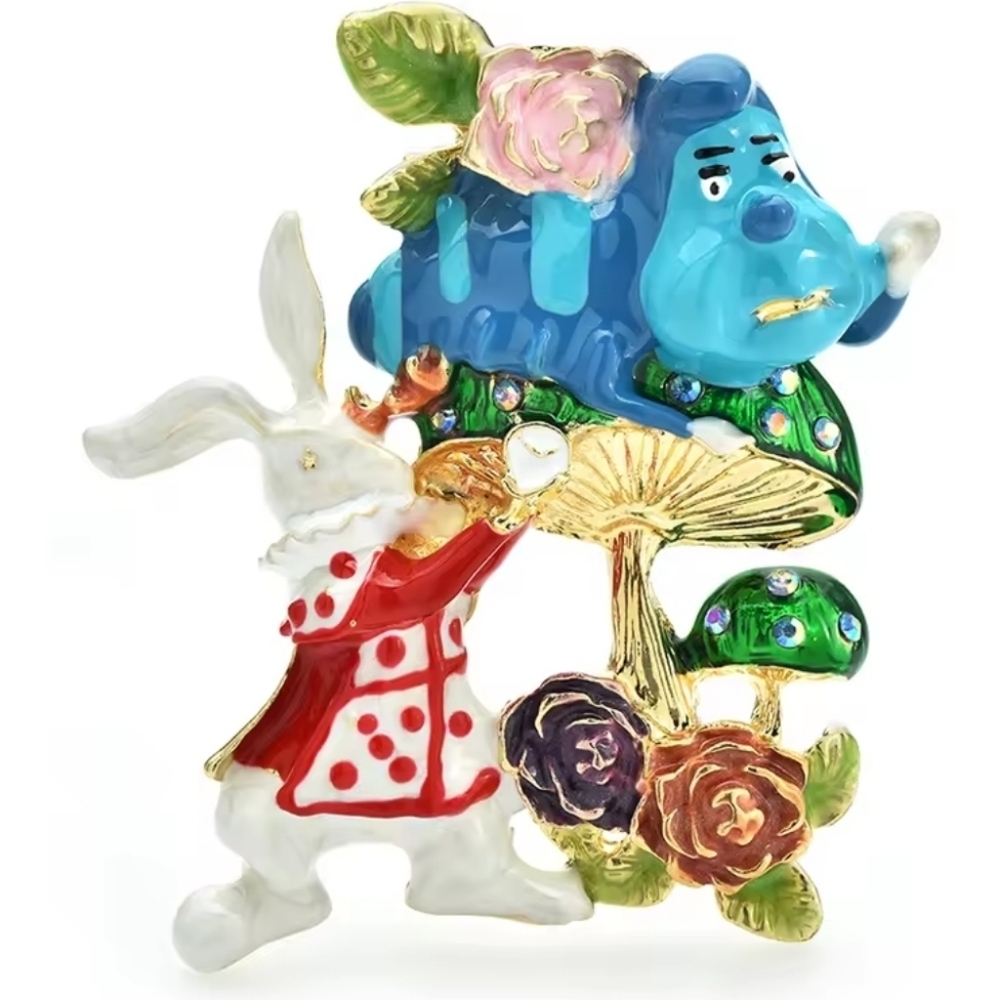 Alice In Wonderland / White Rabbit & Catipillar Whimsy Brooch Pin Nwot